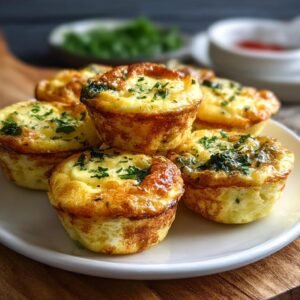 Gros plan de bouchées d'œufs protéinées dorées, garnies de persil frais, sur une assiette blanche.