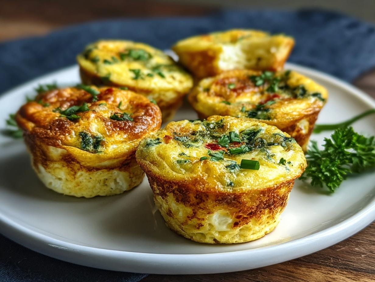 Gros plan sur des bouchées d'œufs protéinées dorées, garnies d'herbes fraîches, sur une assiette blanche.