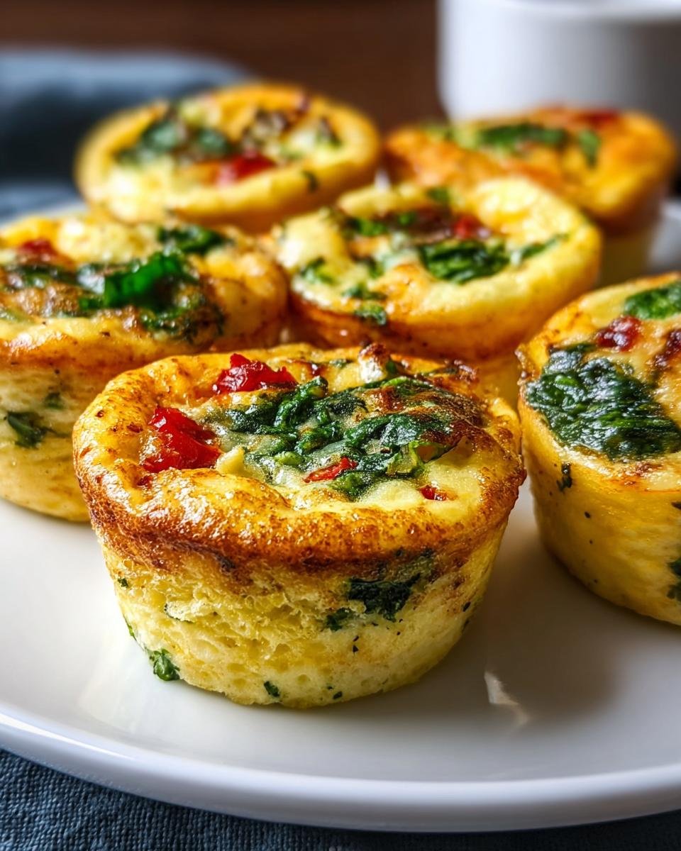 Gros plan sur des bouchées d'œufs protéinées garnies d'épinards et de poivrons rouges.
