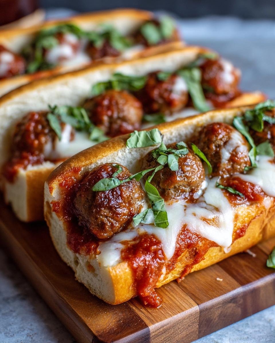 Gros plan de trois boulettes de viande sous-marins faciles garnis de sauce tomate, fromage fondu et basilic frais.