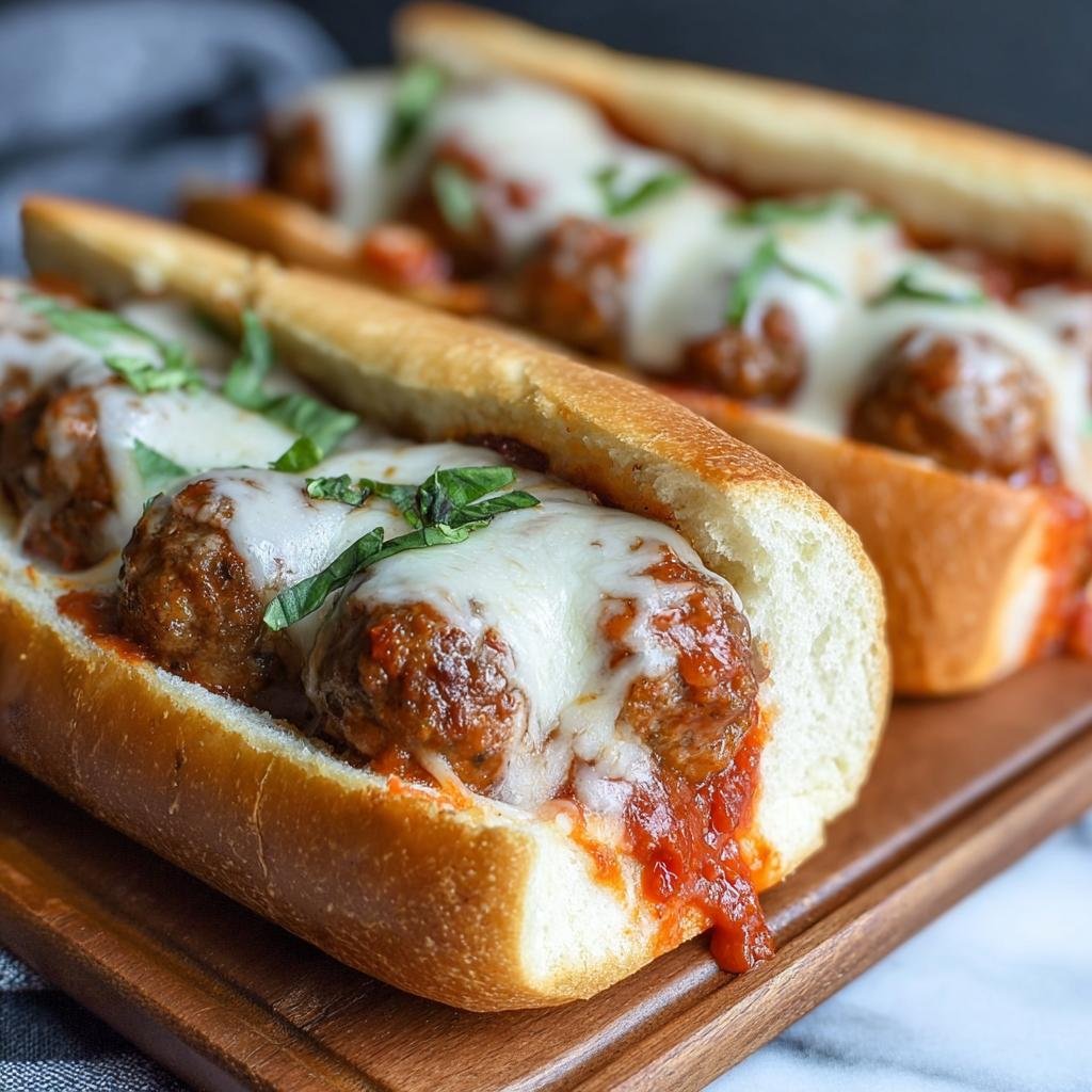 Gros plan de boulettes de viande sous-marins faciles garnies de fromage fondu et de basilic frais.