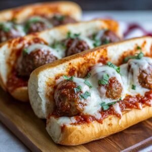 Gros plan de boulettes de viande sous-marins faciles avec fromage fondu et persil haché.