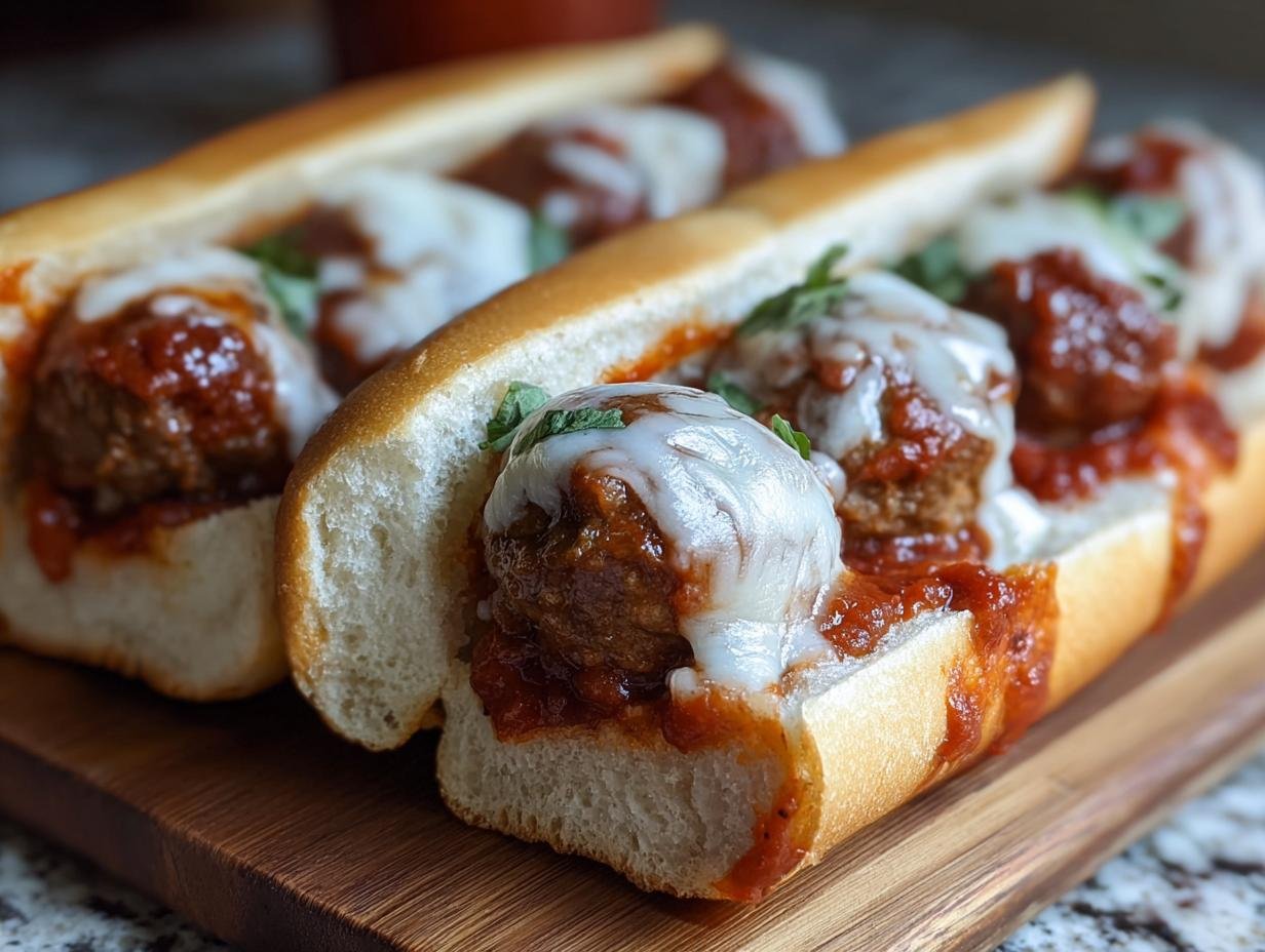 Gros plan de sous-marins boulettes de viande faciles, garnis de fromage fondant et de sauce tomate.