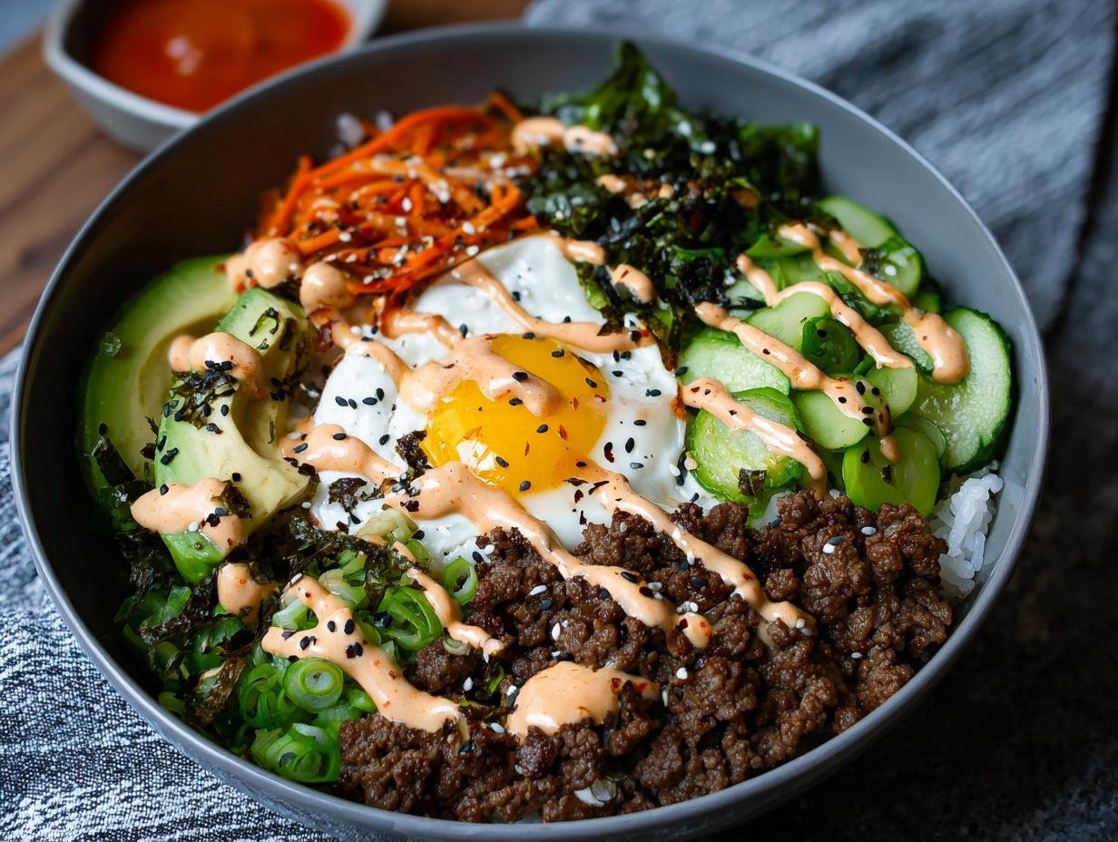 Gros plan d'un bol de Bulgogi de Bœuf Haché garni d'un œuf au plat, d'avocat, de concombre, de carottes râpées et d'algues.