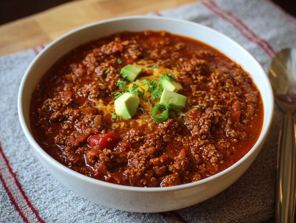 Bol de Chili Protéiné Élevé garni d'avocat, de fromage râpé et de coriandre.