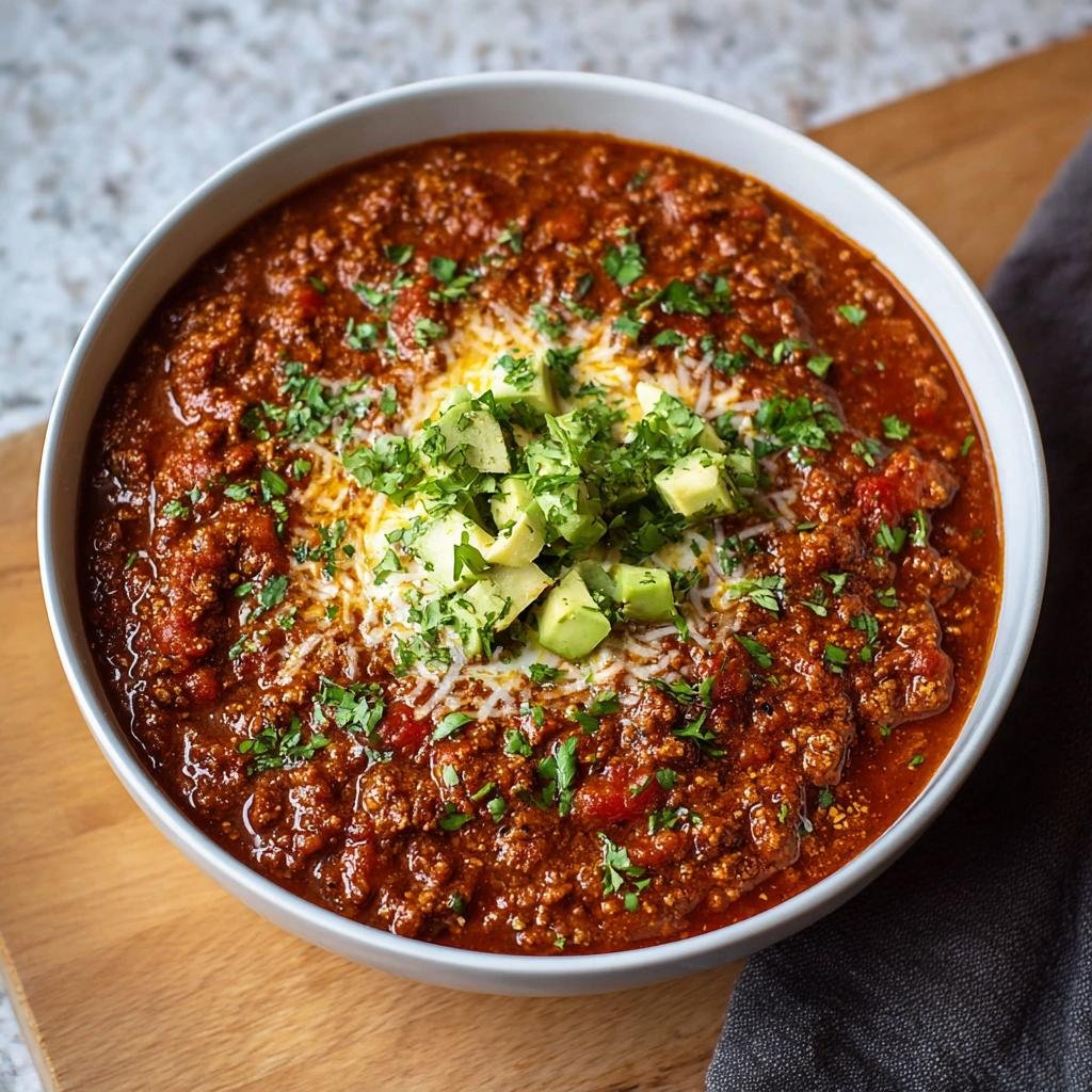 Gros plan d'un bol de Chili Protéiné Élevé garni d'avocat en dés, de fromage râpé et de persil haché.