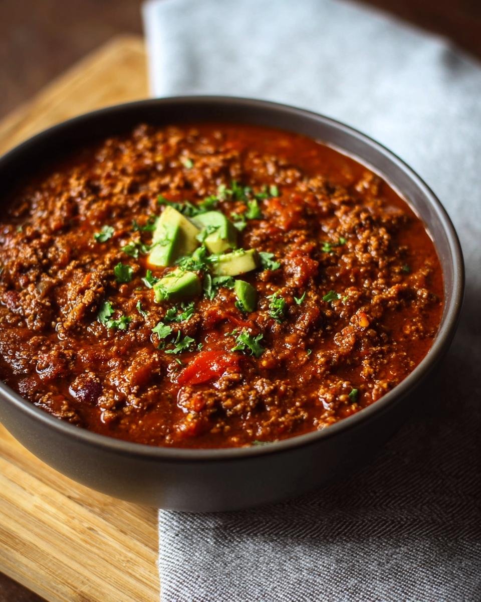 Gros plan d'un bol de Chili Protéiné Élevé garni d'avocat et de persil.