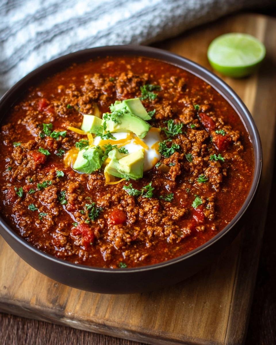 Gros plan d'un bol de Chili Protéiné Élevé garni d'avocat, de fromage râpé et de crème sure.