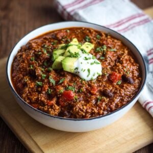 Un bol de Chili Protéiné Élevé réconfortant, garni d'avocat, de crème sure et de persil.