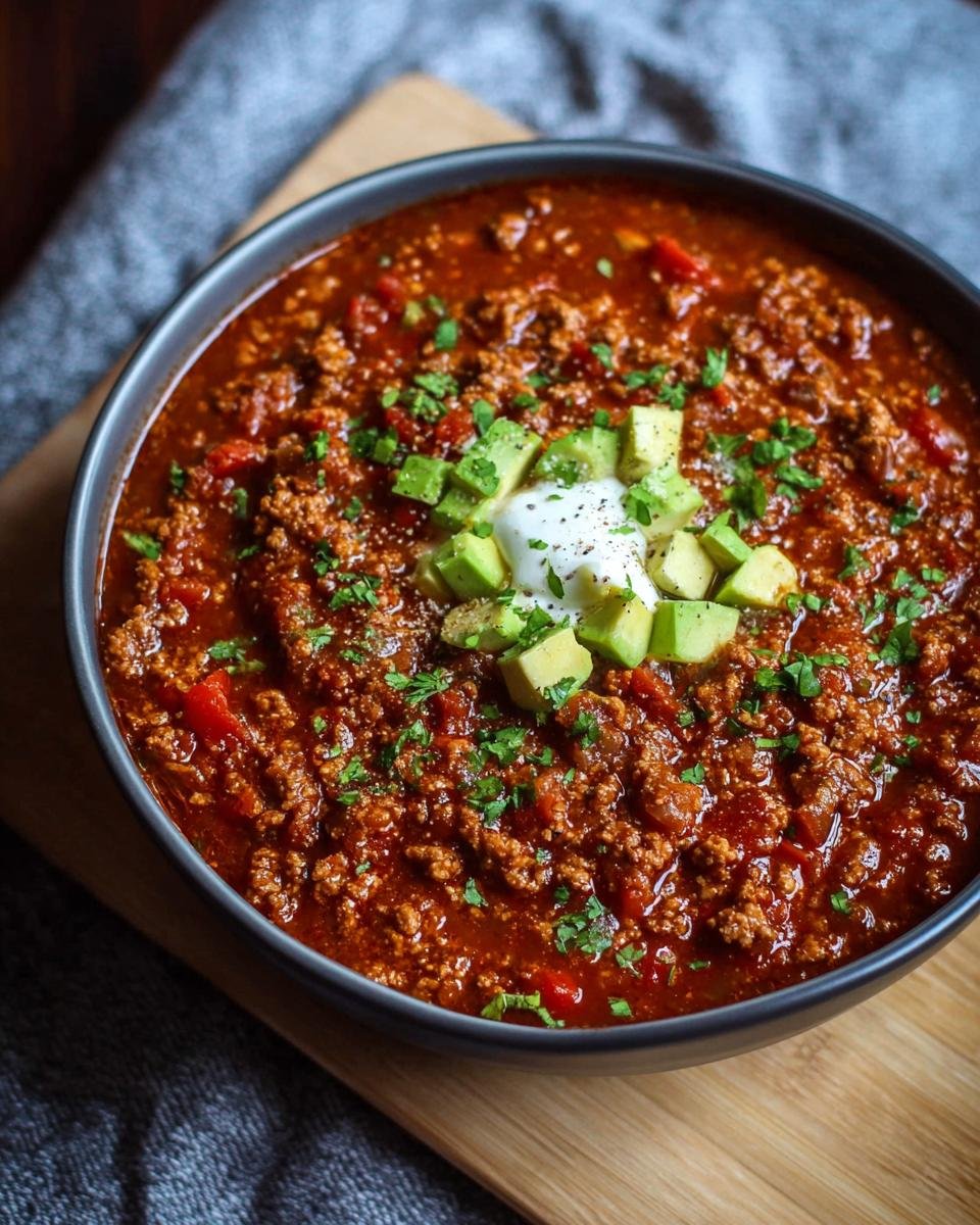 Gros plan d'un bol de Chili Protéiné Élevé garni d'avocat, de crème sure et de persil.