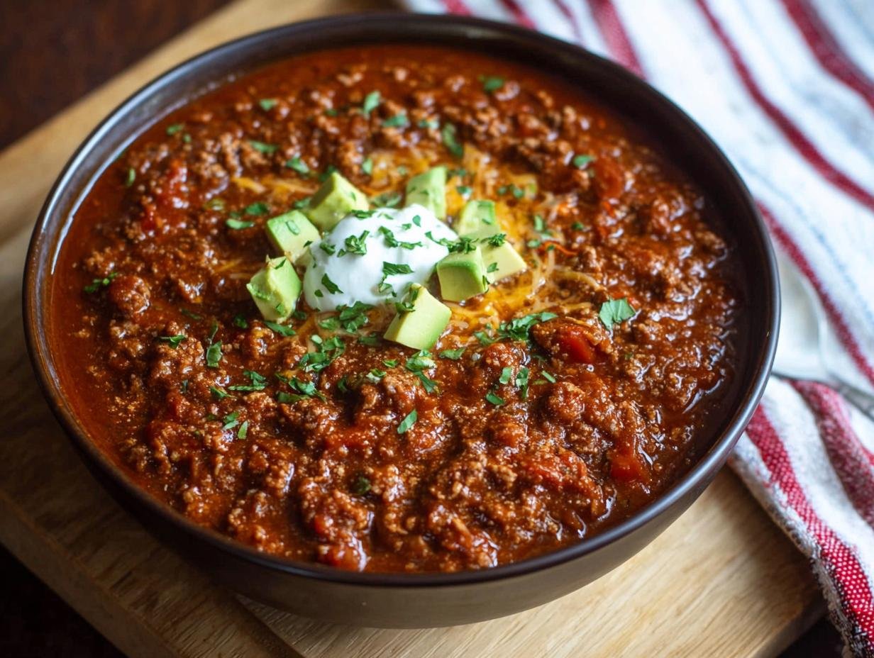 Bol de Chili Protéiné Élevé garni de crème sure, d'avocat et de persil.