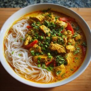Un bol de curry de poulet au lait de coco avec des nouilles de riz, garni de coriandre fraîche et d'oignons verts.