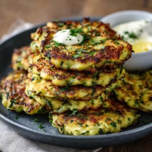 Gros plan sur une pile de fritters de courgette sains, garnie de crème et de persil, avec une sauce à côté.