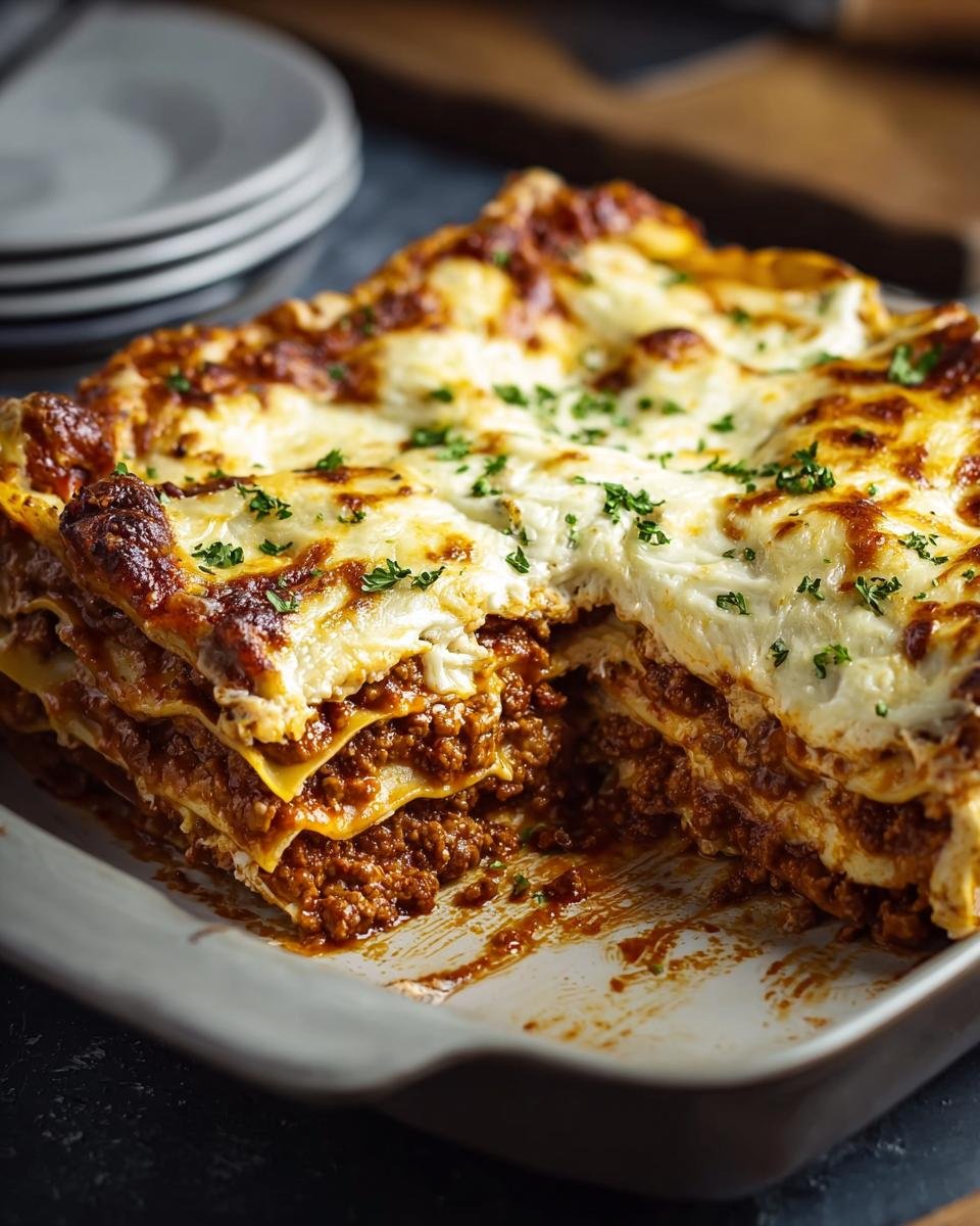 Gros plan sur une part de lasagne haute protéine, avec des couches de viande, de pâtes et de fromage fondu, garnie de persil.