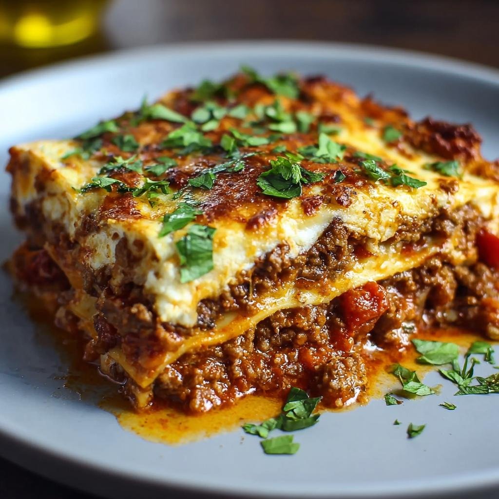 Gros plan d'une part de lasagne haute protéine, garnie de persil frais.