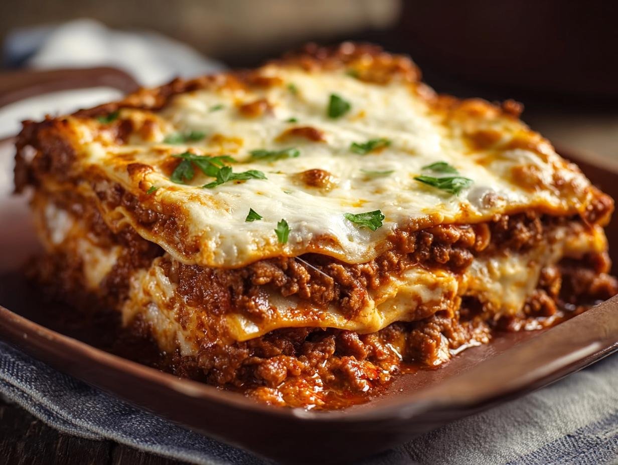 Gros plan d'une tranche de lasagne haute protéine avec sauce à la viande et fromage fondant, garnie de persil.