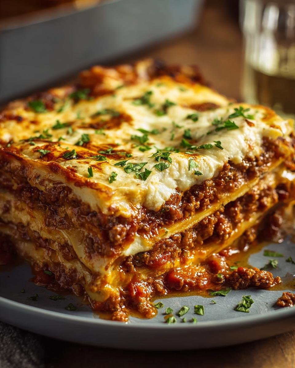 Gros plan sur une tranche de lasagne haute protéine, avec couches de viande, sauce tomate et béchamel, garnie de persil.