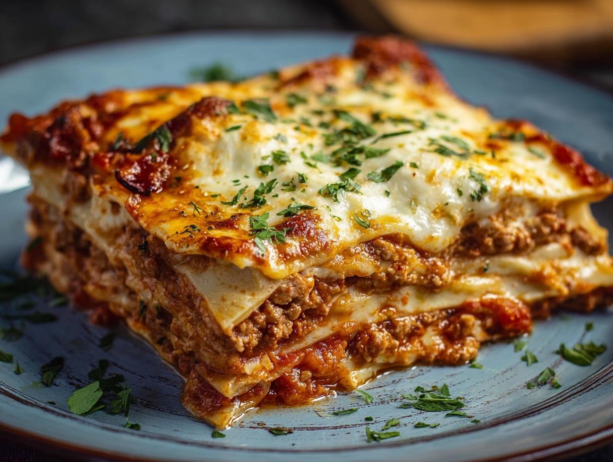 Gros plan d'une tranche de lasagne haute protéine, garnie de persil frais.