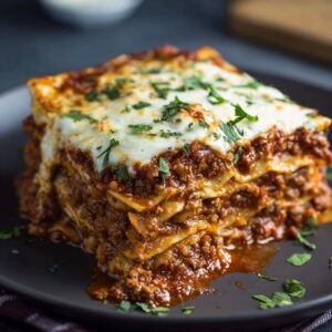 Gros plan d'une tranche de lasagne haute protéine, avec couches de viande, pâtes et fromage fondant, garnie de persil frais.