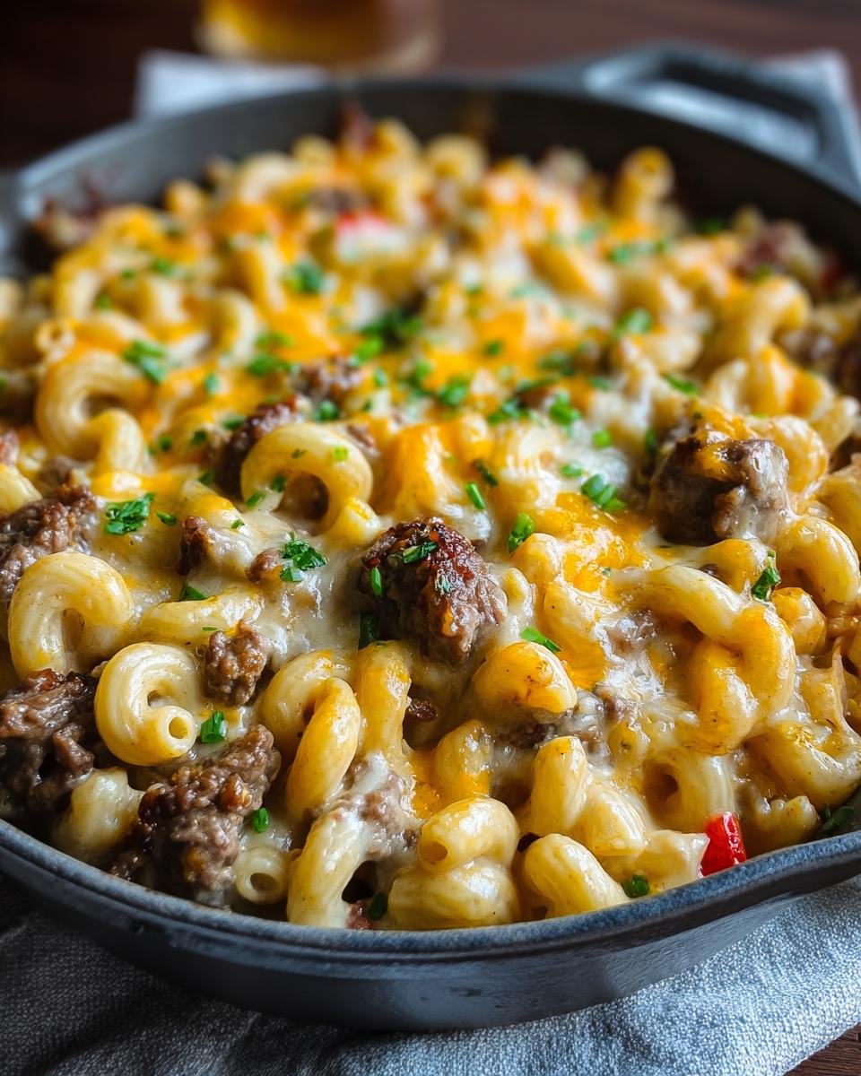 Gros plan d'un plat de Macaroni au Fromage Crémeux avec des morceaux de bœuf émietté et du fromage fondu.