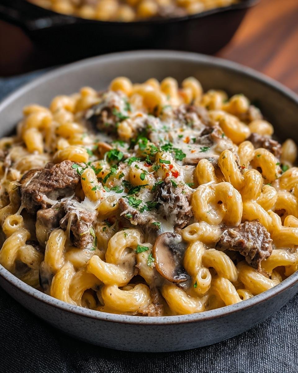 Gros plan d'un bol de Macaroni au Fromage Crémeux avec des morceaux de steak, des champignons et du persil haché.