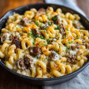 Gros plan d'un plat de Macaroni au Fromage Crémeux avec de la viande hachée et du persil frais.