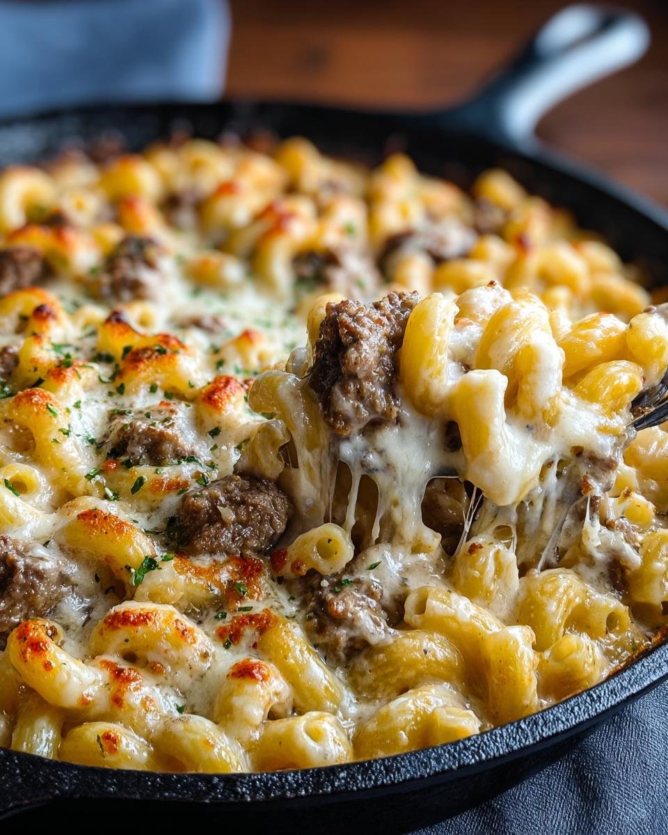 Gros plan sur du Macaroni au Fromage Crémeux avec des morceaux de viande et du fromage fondant, garni de persil.