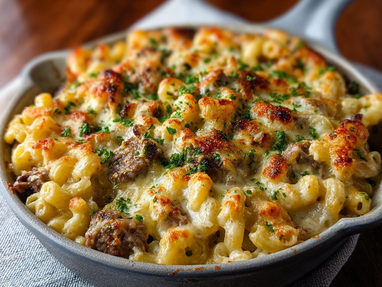 Gros plan de macaroni au fromage crémeux gratiné, garni de persil frais et de morceaux de viande.