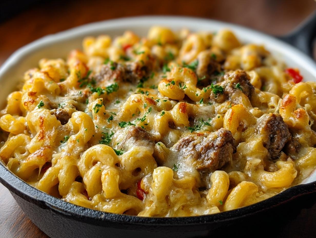 Gros plan sur un plat de Macaroni au Fromage Crémeux garni de morceaux de viande et de persil frais.