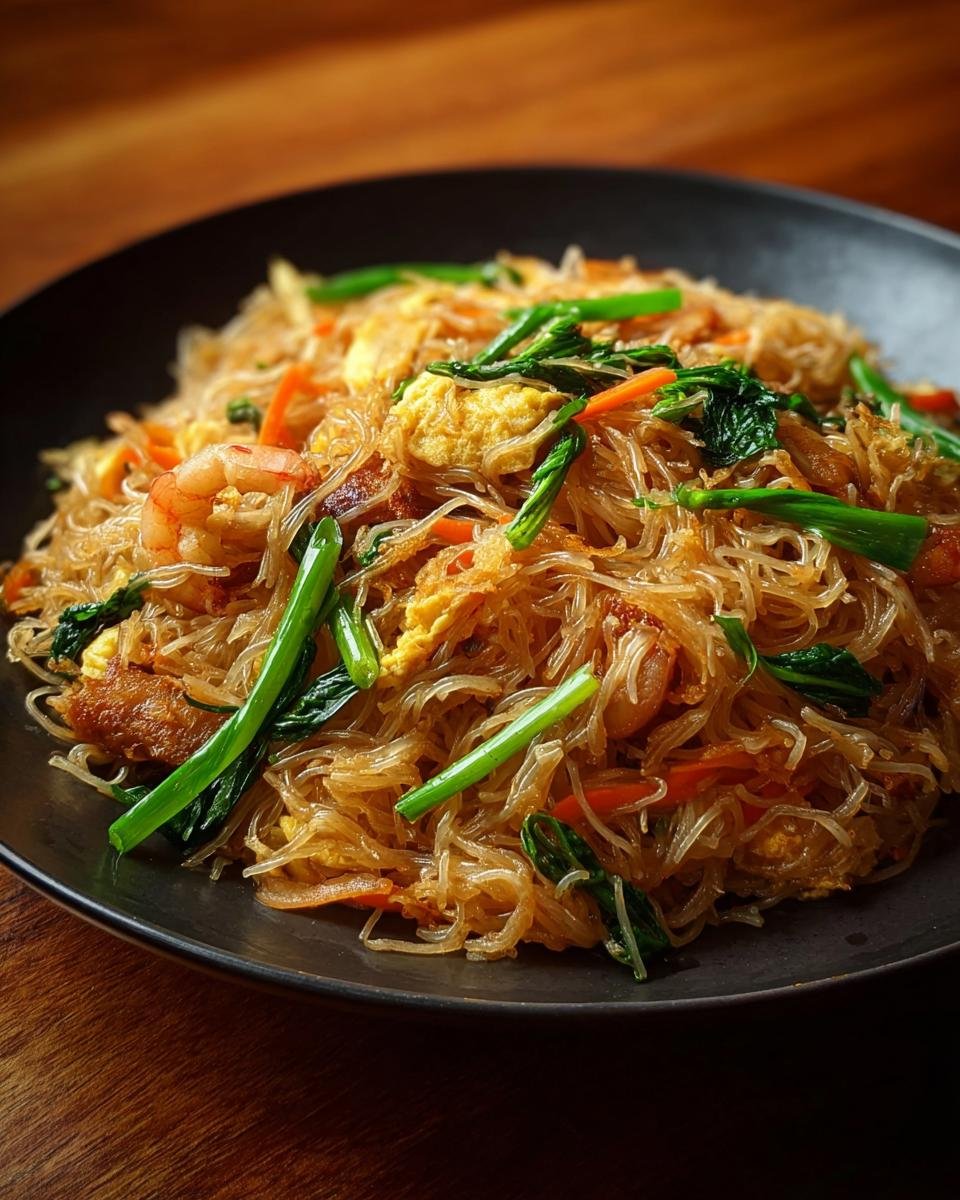 Gros plan de nouilles de riz frites avec crevettes, œufs brouillés, carottes et légumes verts.