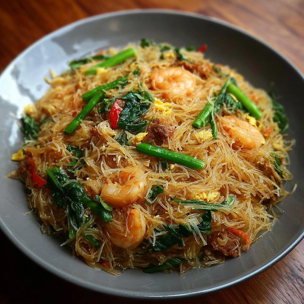 Gros plan sur un plat de nouilles de riz frites avec crevettes, légumes verts et éclats de piment rouge.
