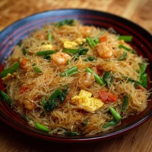 Gros plan de nouilles de riz frites avec crevettes, œufs brouillés et légumes verts croquants.