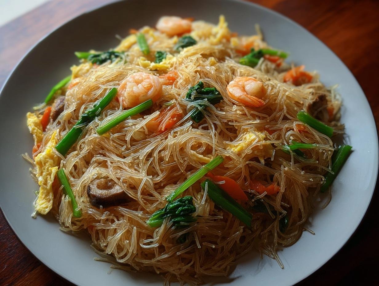 Assiette de Nouilles de Riz Frites avec crevettes, œufs brouillés, légumes verts et carottes.