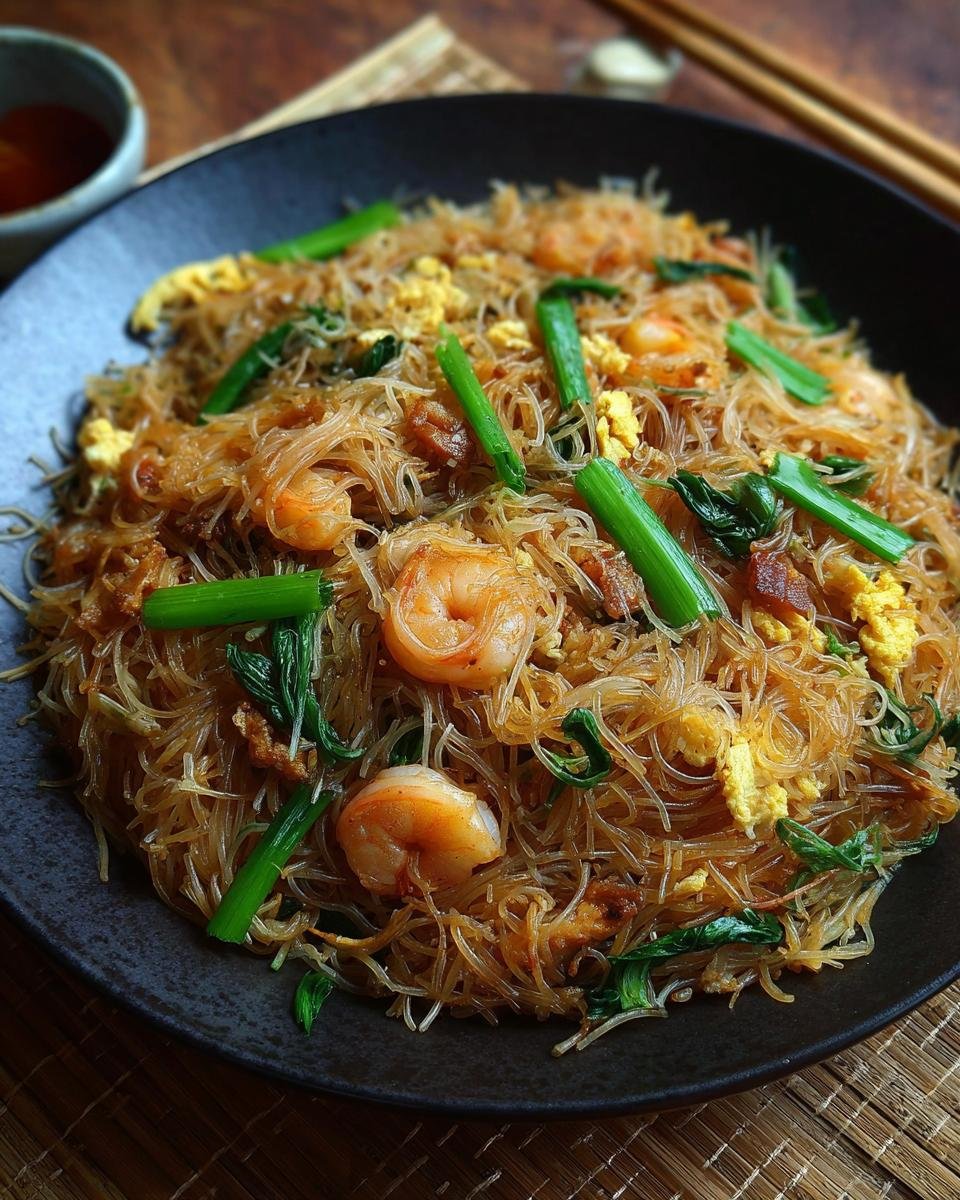 Gros plan de nouilles de riz frites avec crevettes, œufs brouillés et oignons verts.