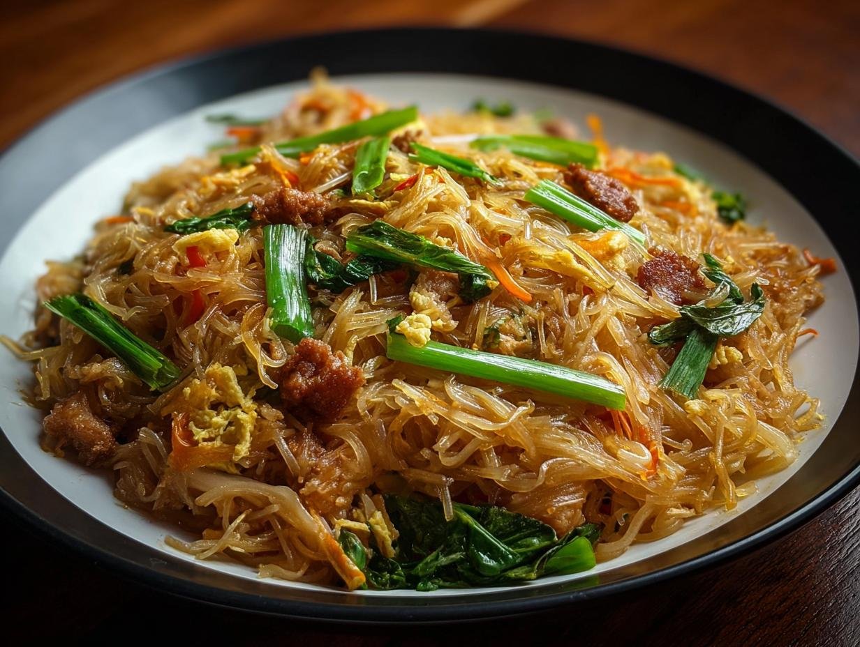 Gros plan sur une assiette de nouilles de riz frites garnies d'oignons verts, de carottes, d'œufs brouillés et de morceaux de viande.