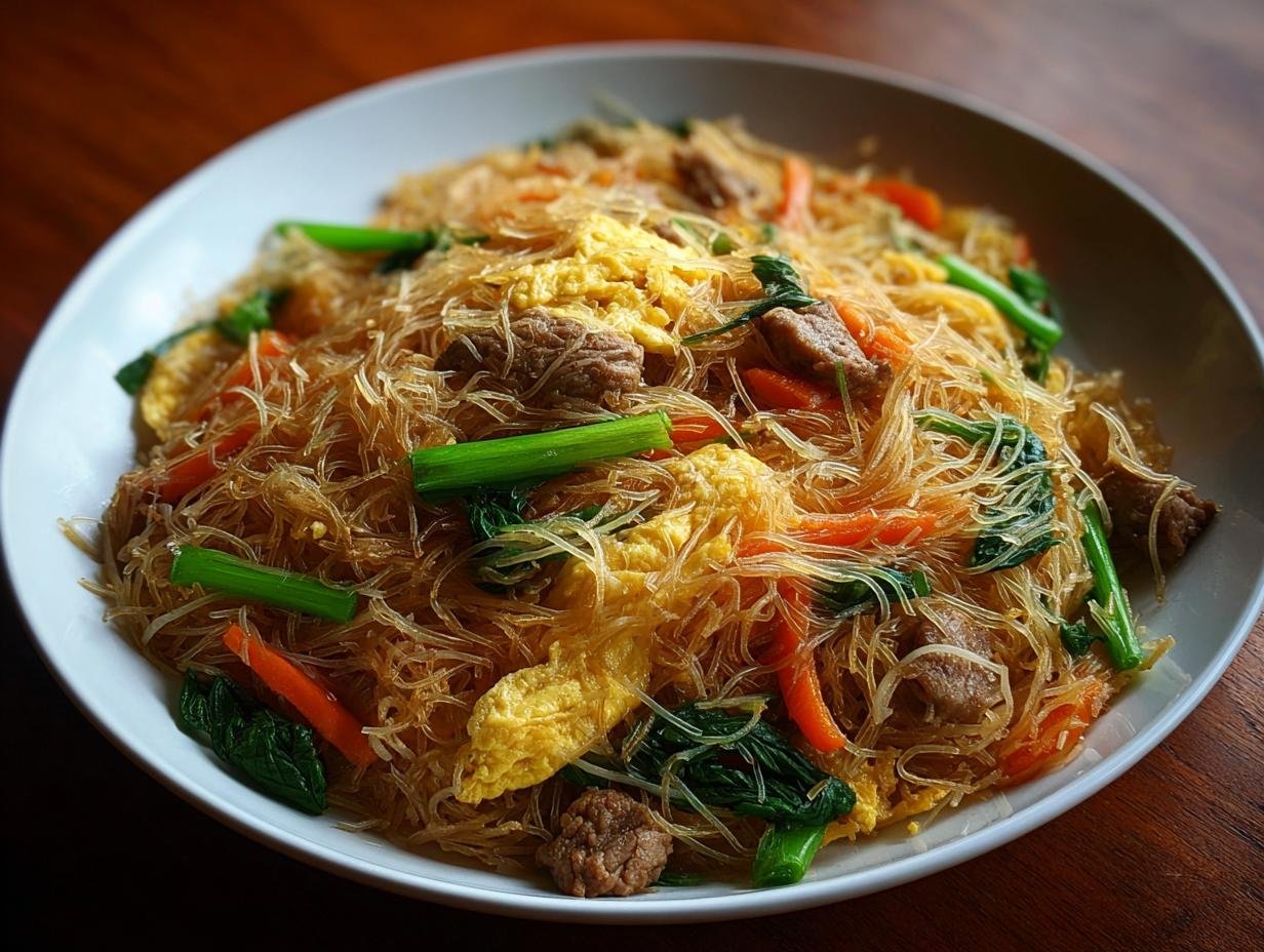 Gros plan de nouilles de riz frites avec des morceaux de viande, des œufs brouillés, des carottes et des légumes verts.