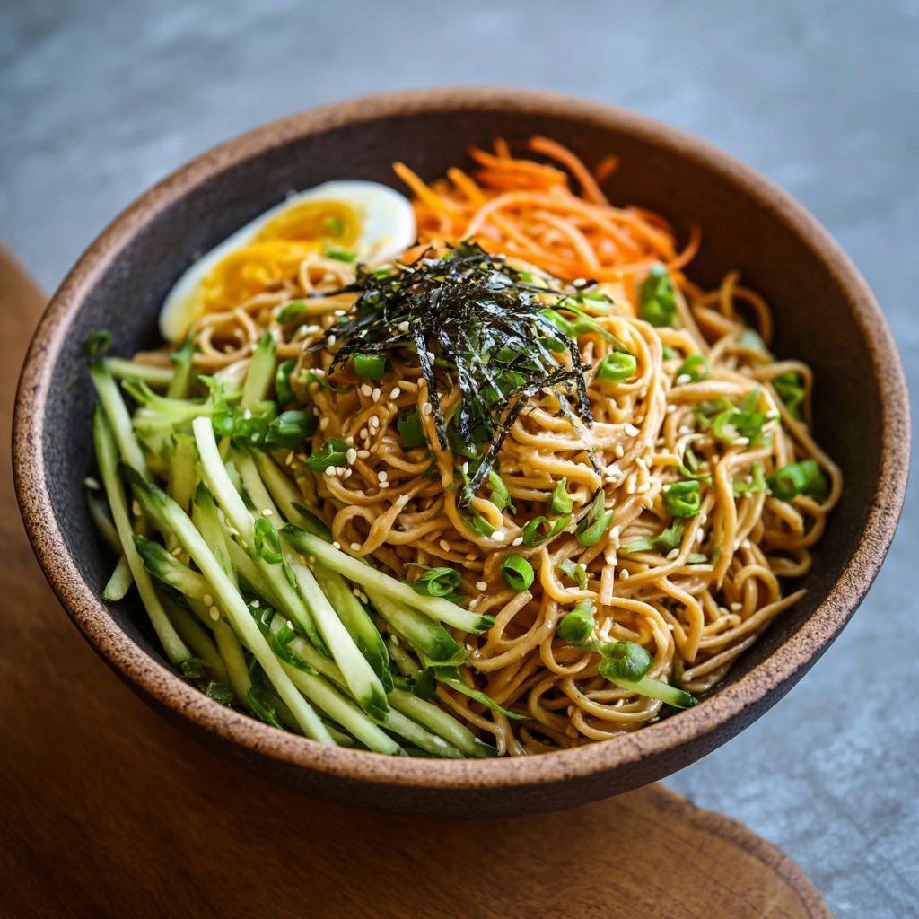 Bol de nouilles froides au sésame protéinées avec concombre, carottes râpées, œuf et algues.