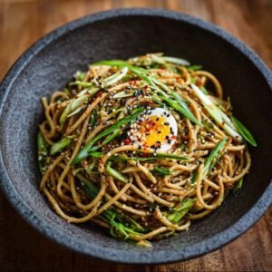 Bol de nouilles froides au sésame protéinées garnies d'oignons verts, de graines de sésame et d'un œuf mollet.