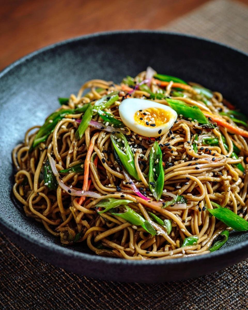 Gros plan de nouilles froides au sésame protéinées garnies d'un œuf dur et de légumes verts.