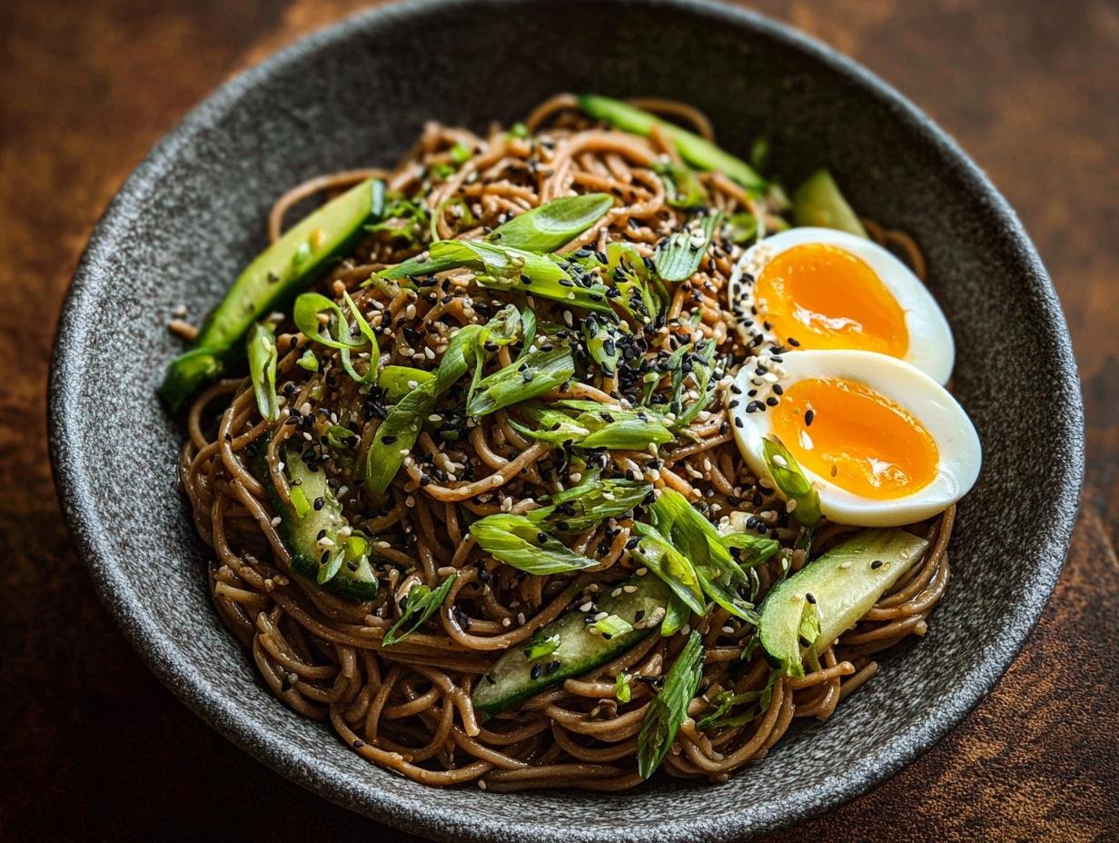 Gros plan sur des nouilles froides au sésame protéinées garnies de concombre, d'oignons verts et d'un œuf à la coque coupé en deux.