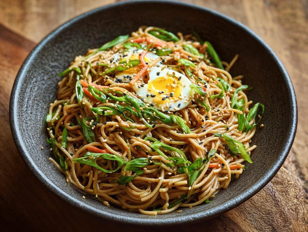 Gros plan de nouilles froides au sésame protéinées servies dans un bol, garnies d'œufs mollets et d'oignons verts.