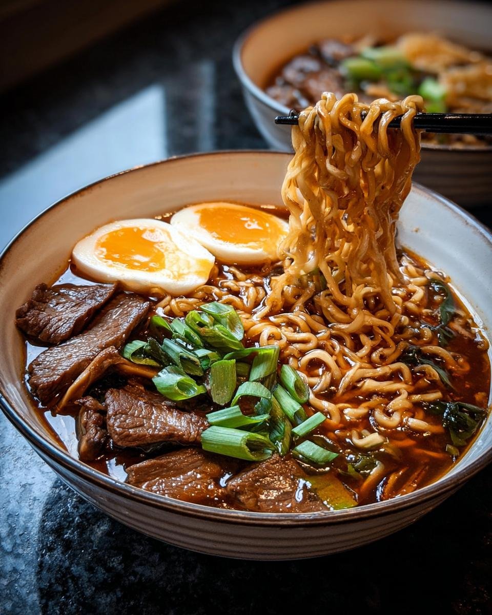 Gros plan sur un bol de Nouilles Ramen Haute Protéine avec du bœuf, un œuf mollet et des oignons verts.