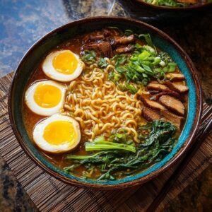 Gros plan d'un bol de Nouilles Ramen Haute Protéine, garni de trois moitiés d'œufs à la coque, tranches de viande et légumes verts.