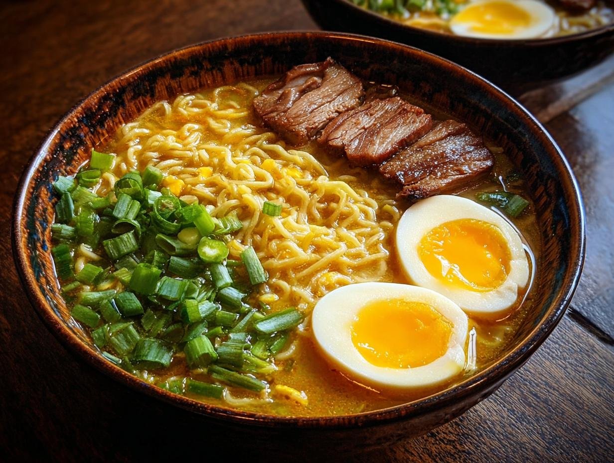Gros plan d'un bol de nouilles ramen haute protéine, garni de viande, d'œufs mollets et d'oignons verts.