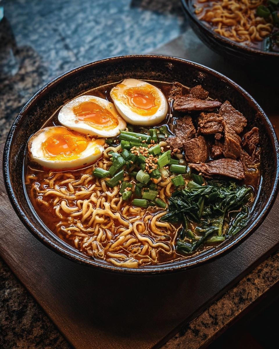 Gros plan d'un bol de nouilles ramen haute protéine garni d'œufs mollets, de bœuf en tranches et d'oignons verts.