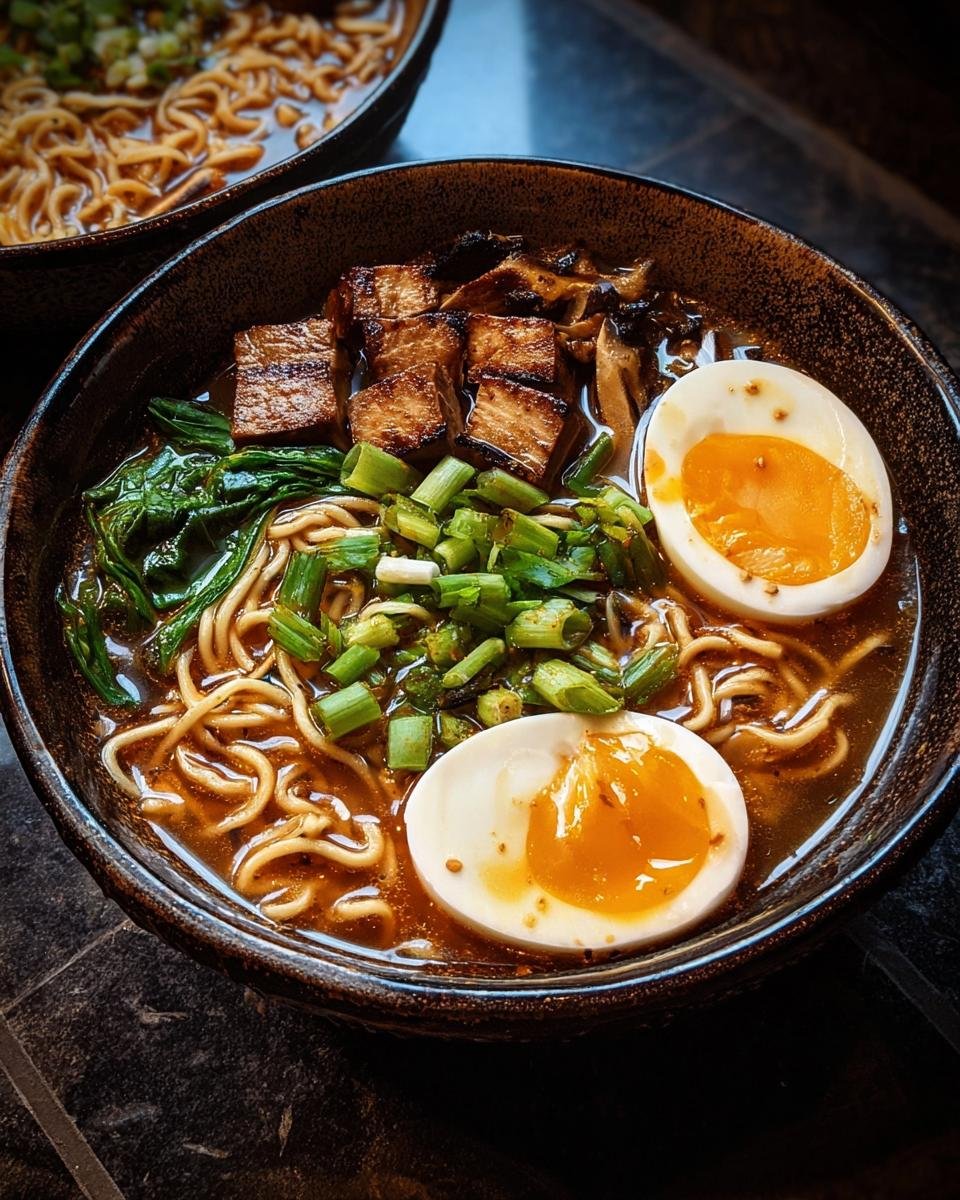 Gros plan d'un bol de nouilles ramen haute protéine avec des morceaux de porc grillé, un œuf mollet et des oignons verts.