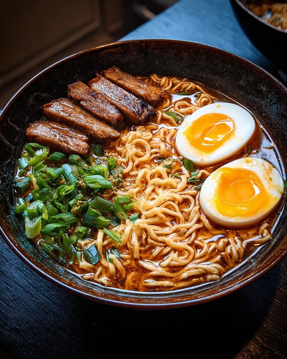 Gros plan d'un bol de Nouilles Ramen Haute Protéine, garni de tranches de viande grillée, d'œufs mollets et d'oignons verts.