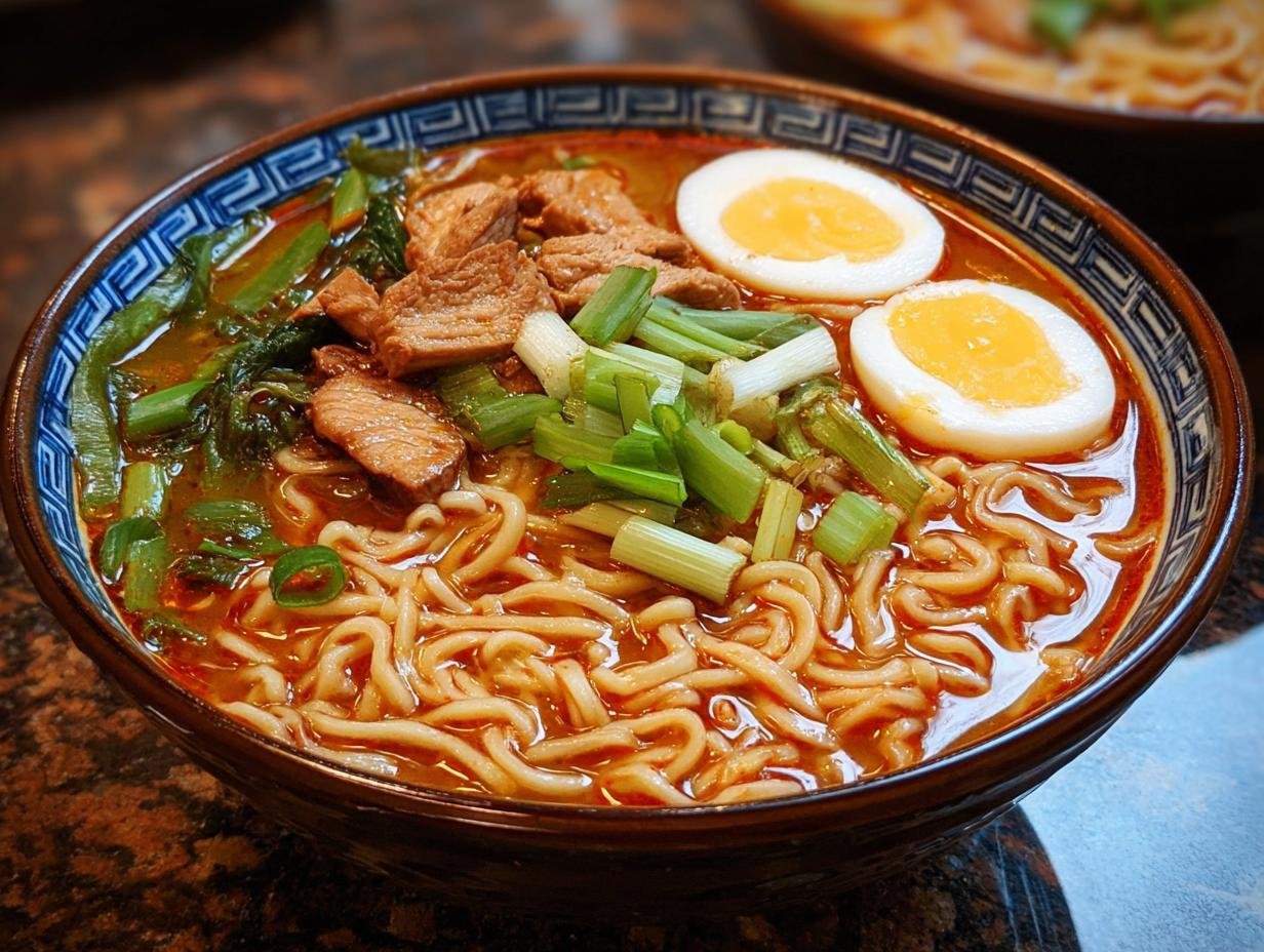 Bol de nouilles ramen haute protéine garni de morceaux de viande, d'œufs durs coupés en deux et d'oignons verts.