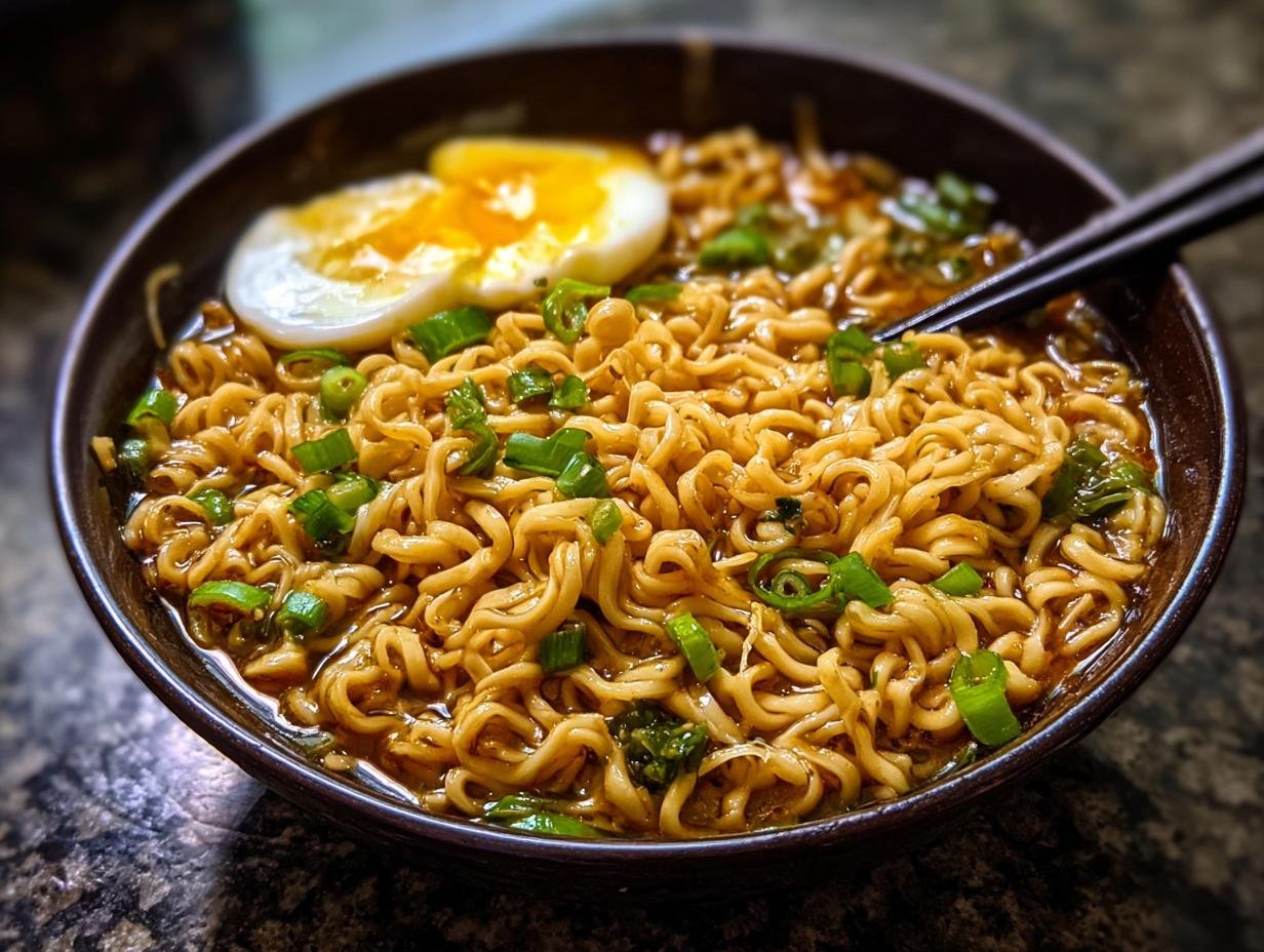 Gros plan sur un bol de nouilles ramen protéinées faciles, garnies d'œufs et d'oignons verts.