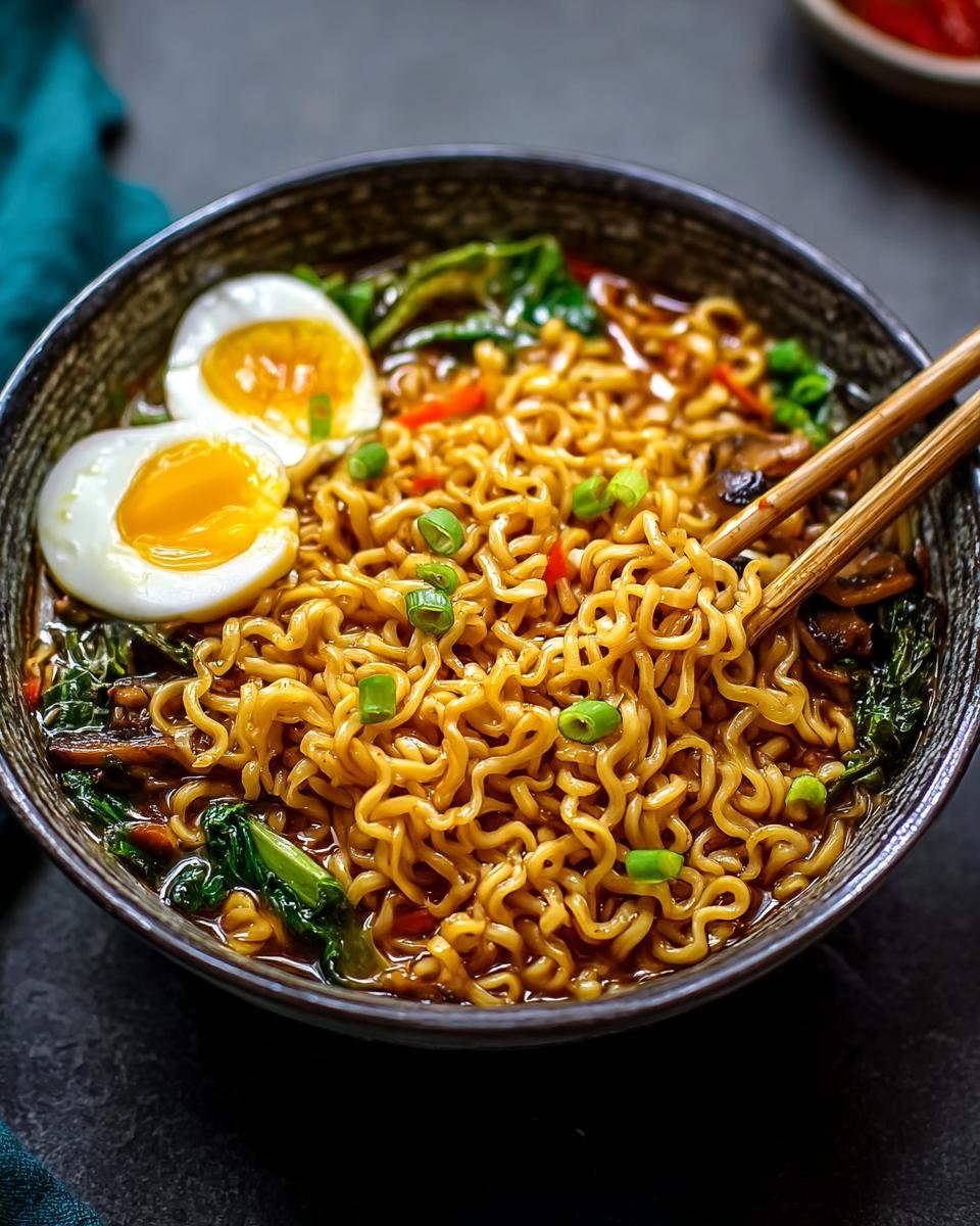 Bol de nouilles ramen protéinées faciles avec œuf mollet, légumes verts et oignons verts.